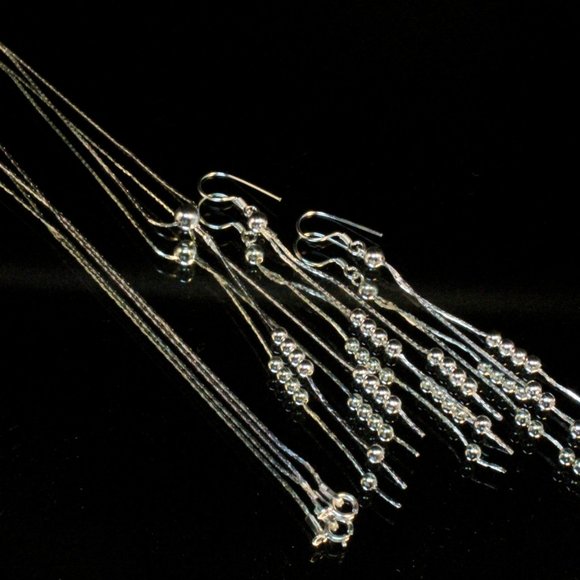 Contemporary New Sterling Silver Textured Drop Round Bead Dainty Necklace Set - Picture 8 of 9